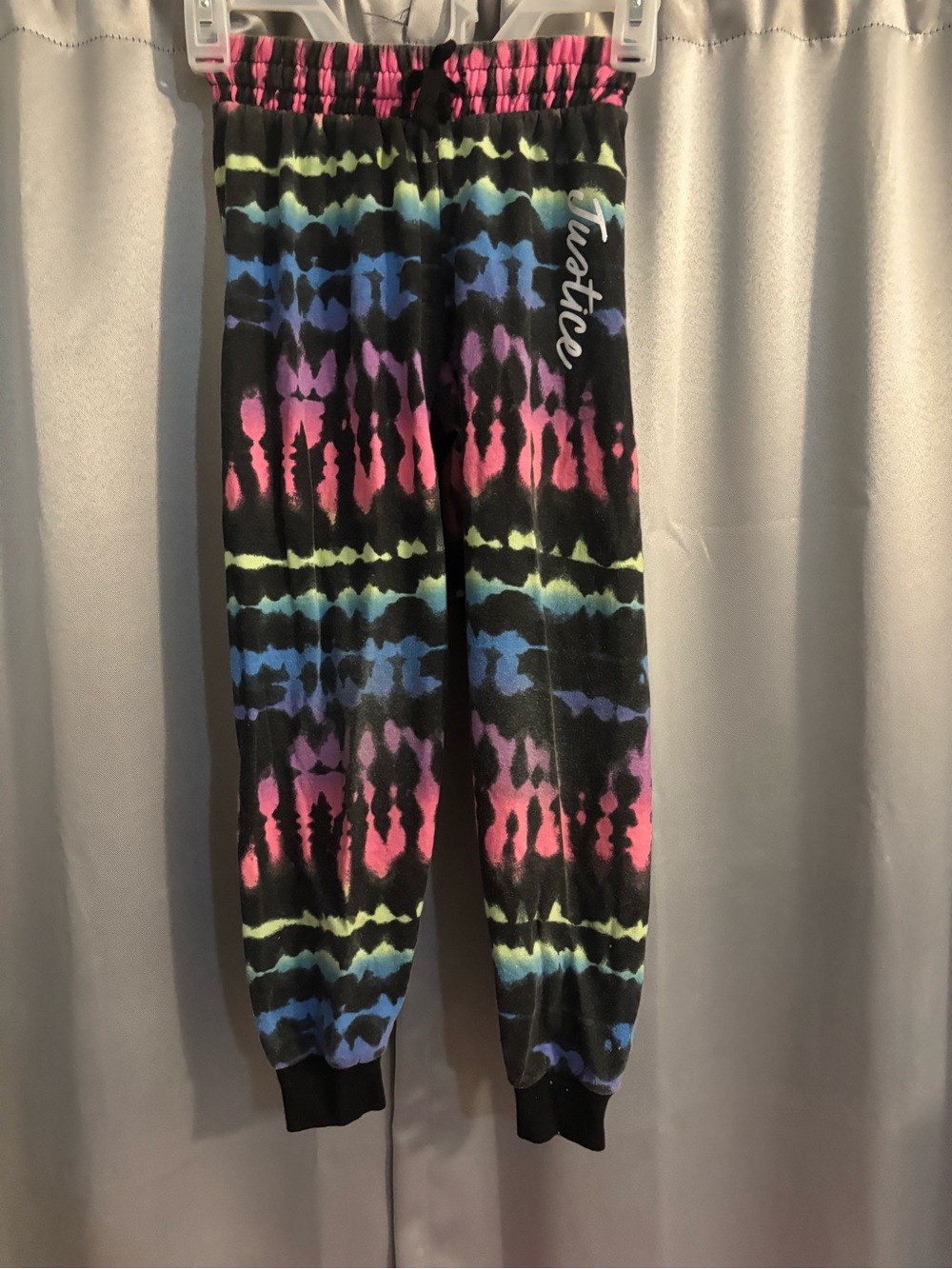 Justice Black Tie-Dye Fleece Joggers with Neon Pink, Blue & Purple